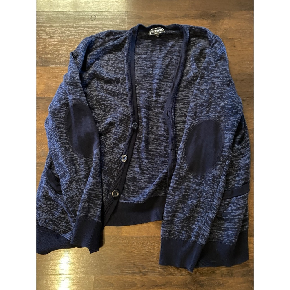 Express Mens Cardigan Sweater XL Blue Cotton Elbow Pad Grandpacore‎ Cabincore